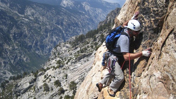 Following a traversing pitch mid-way through the route