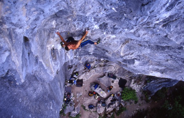 Eric Chemello on his route "IF", 5,13b, Trinity Aretes, CA.