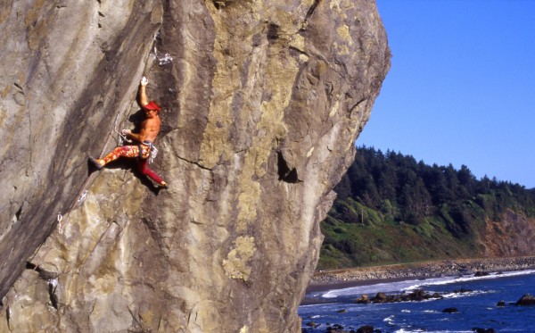 Eric Chemello, "Redwood Burl", 5,13a, Promentory, Klamath, CA.