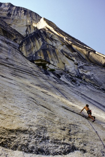 Steve Sutton leading P2, 5.12a, during the FFA of the South Face of Wa...