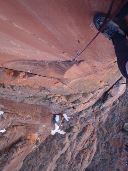 The steep bolt ladder while linking pitch 5 and 6