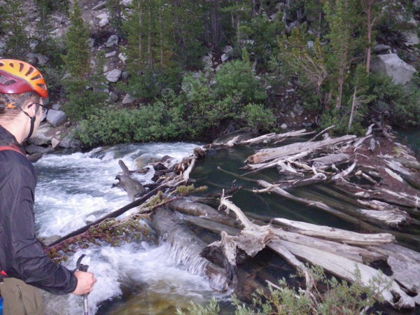 Justin checking out the log jam at the Third Lake outlet @ 5:45am.