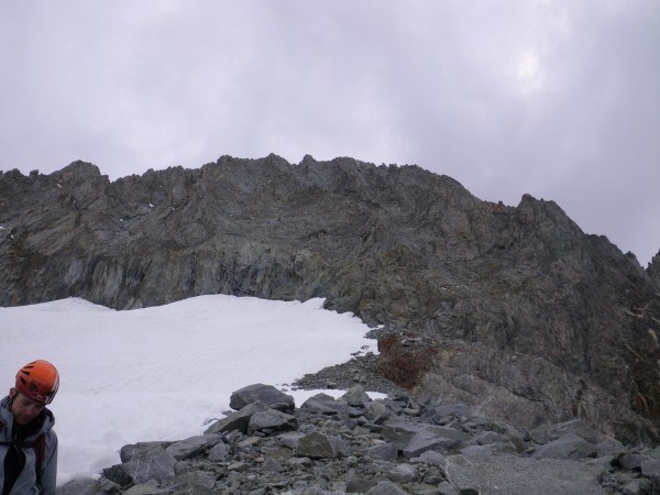 Justin at base of Middle Palisade as the thunder rolled and rain start...