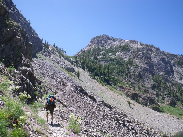 Justin hiking up the steep trail to Spooky Meadow from Agnew Lake