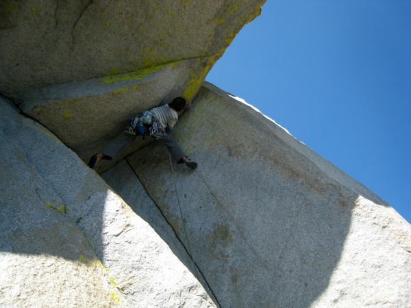 Pulling the final crux on pitch five of Don Juan, The Needles, CA