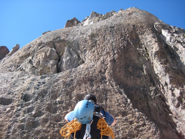 Paul counting bolts on the steep but featured main face.