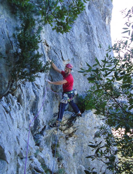 Traversing out on the airy last pitch.