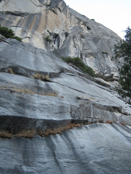 Looking up at starting ledge and first few pitches of the route