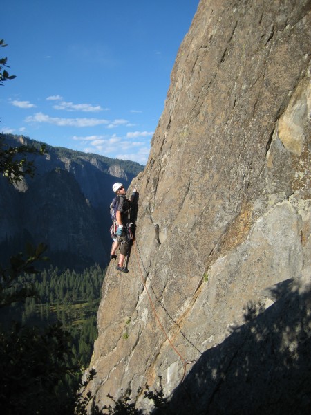 Geoff leading the runout 5.6 traverse on P4.