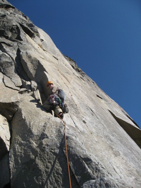 Leading out on the arete on P8.  Great exposure and fun moves!