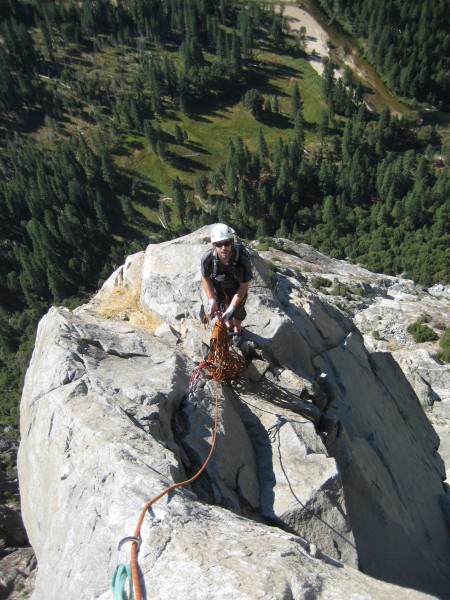 Looking back on the P7 belay.